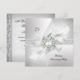 25th Wedding Anniversary Party Pearl White Silver Invitation