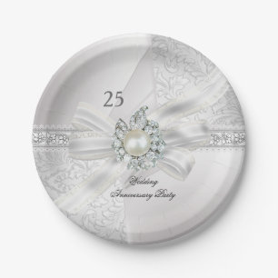 25th Wedding Anniversary Party Pearl White Silver Paper Plate