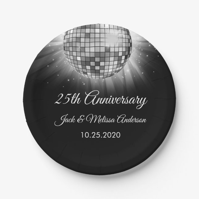 25th Wedding Anniversary Party Silver Disco Ball Paper Plate (Front)