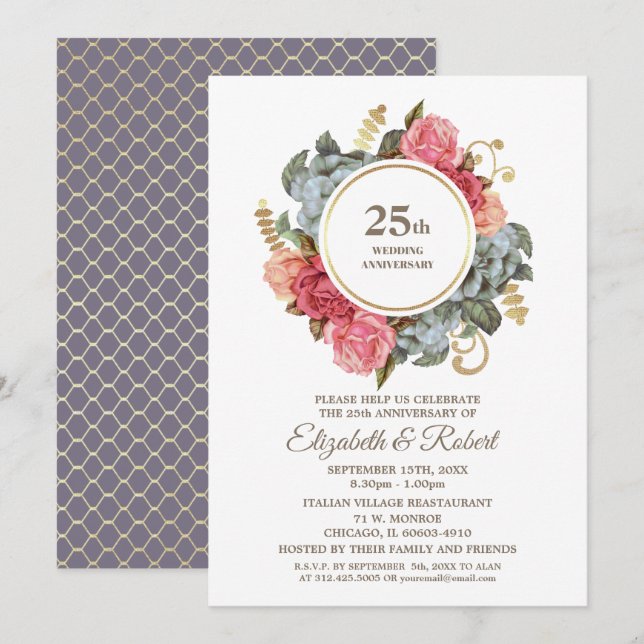 25th Wedding Anniversary Party Vintage Floral Invitation (Front/Back)