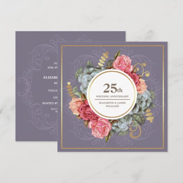 25th Wedding Anniversary Party Vintage Floral Invitation (Front/Back)