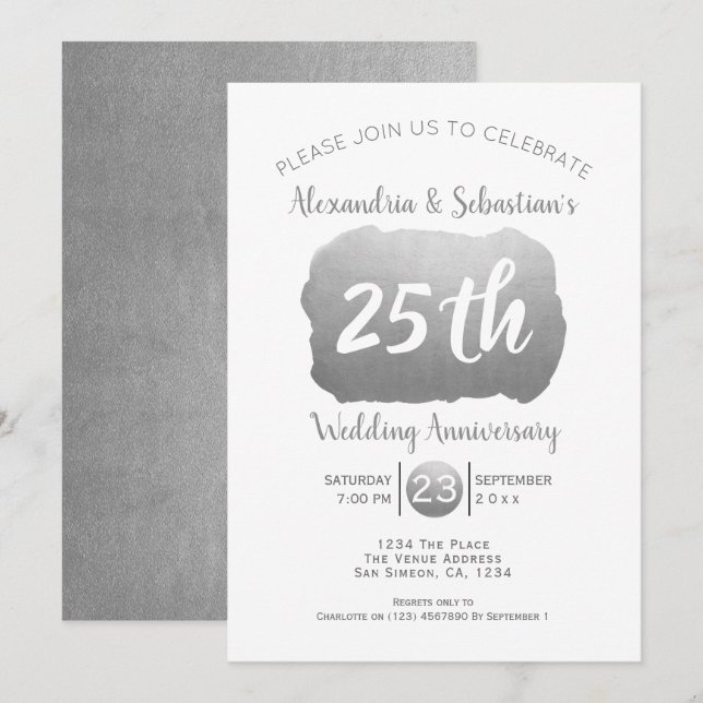 25th Wedding Anniversary Personalised Faux Silver Invitation (Front/Back)
