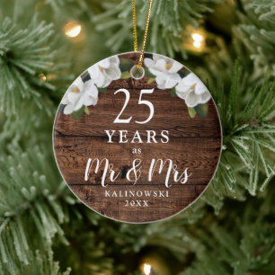 25th Wedding Anniversary Personalised Woodgrain Ceramic Tree Decoration