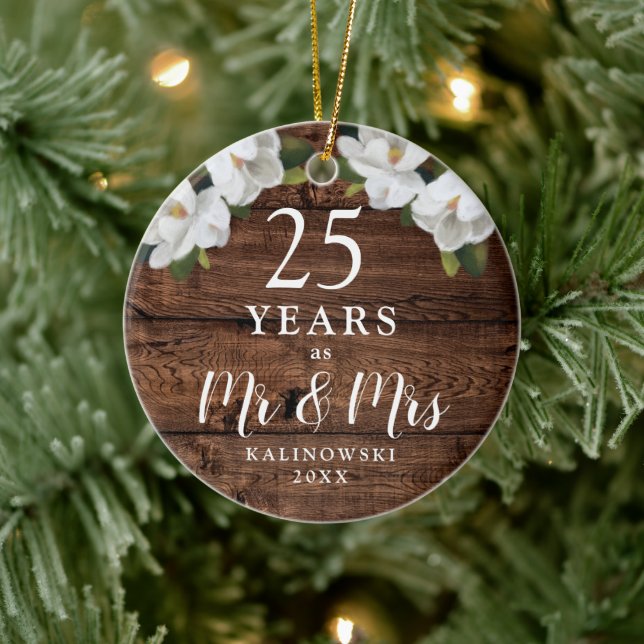 25th Wedding Anniversary Personalised Woodgrain Ceramic Tree Decoration (Tree)