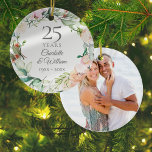 25th Wedding Anniversary Photo Roses Garland Ceramic Tree Decoration<br><div class="desc">Featuring a delicate watercolour floral garland,  this chic botanical 25th wedding anniversary keepsake can be personalised with your special anniversary information in an elegant silver text and your photo on the reverse. Designed by Thisisnotme©</div>