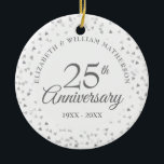 25th Wedding Anniversary Photo Silver Hearts Ceramic Tree Decoration<br><div class="desc">Featuring delicate silver hearts. Personalise with your special twenty-five years silver anniversary information in chic silver lettering and your photo on the reverse. Designed by Thisisnotme©</div>