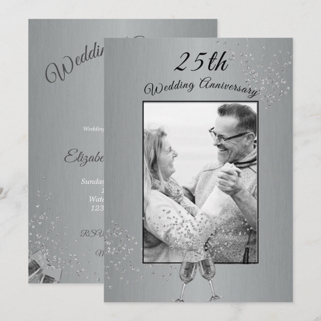 25th Wedding Anniversary Photo Silver Invitation (Front/Back)