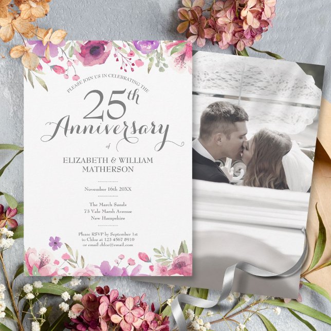 25th Wedding Anniversary Photo Watercolor Roses Invitation (25th Wedding Anniversary Photo Watercolor Roses Invitation)