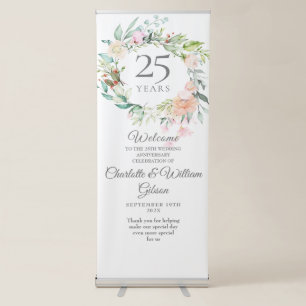 25th Wedding Anniversary Roses Watercolor Welcome Retractable Banner