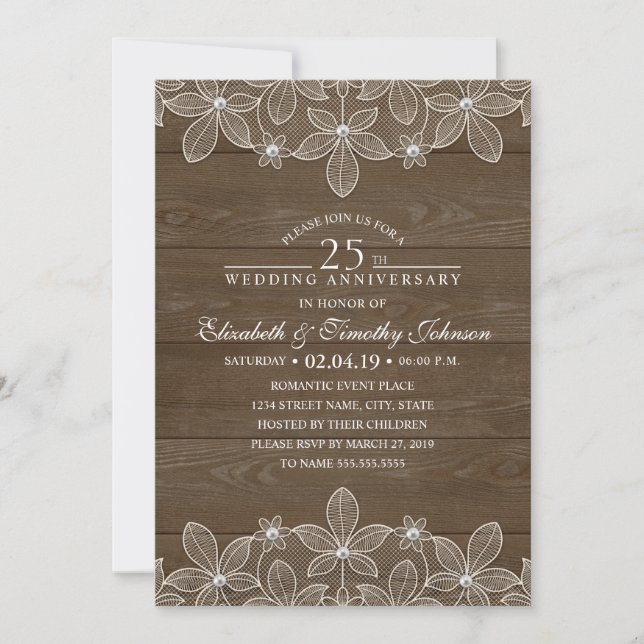 25th Wedding Anniversary Rustic Wood Country Lace Invitation (Front)