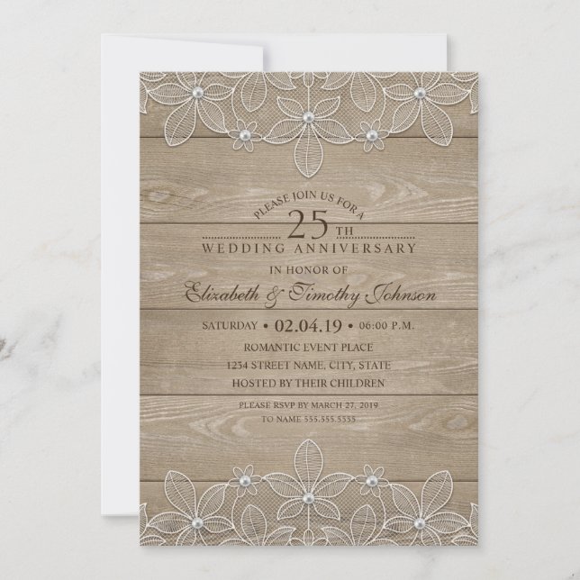 25th Wedding Anniversary Rustic Wood Vintage Lace Invitation (Front)