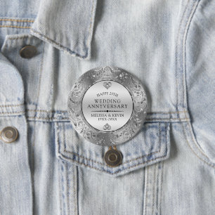 25th Wedding Anniversary Shiny Floral Silver Frame 7.5 Cm Round Badge