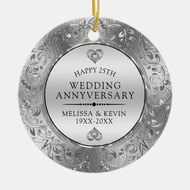 25th Wedding Anniversary Shiny Floral Silver Frame Ceramic Tree Decoration (Front)