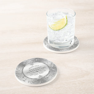 25th Wedding Anniversary Shiny Floral Silver Frame Coaster