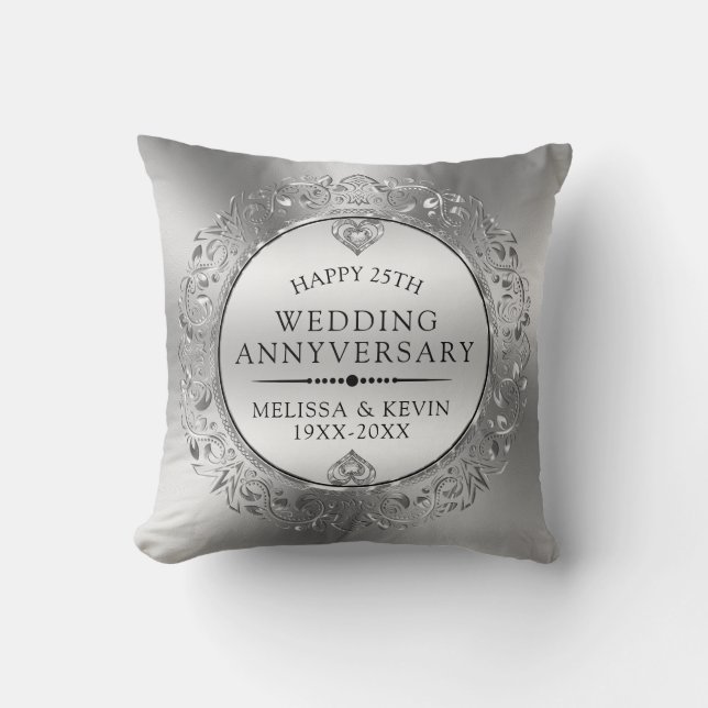 25th Wedding Anniversary Shiny Floral Silver Frame Cushion (Front)