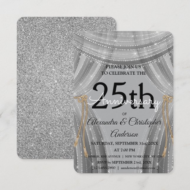 25th Wedding Anniversary Silver and Black Sparkle Invitation (Front/Back)