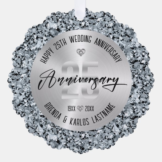 25th Wedding Anniversary Silver and Diamonds Tree Decoration Card (Front)