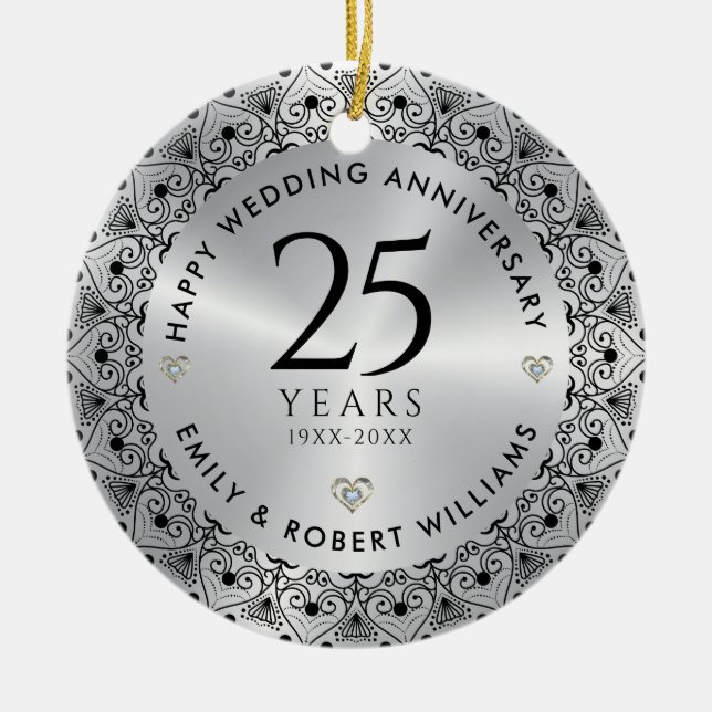 25th Wedding Anniversary Silver Black Frame Ceramic Tree Decoration (Front)