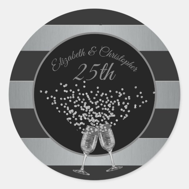 25th Wedding Anniversary Silver Black Stripe Classic Round Sticker (Front)