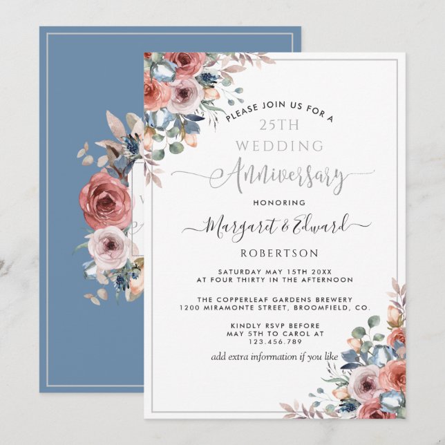 25th Wedding Anniversary, Silver Blue Blush Floral Invitation (Front/Back)