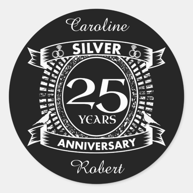25th wedding anniversary silver crest classic round sticker (Front)
