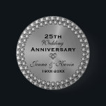 25th Wedding Anniversary Silver & Diamonds Button<br><div class="desc">Elegant 25th wedding anniversary design with an image of metallic silver texture with customisable text. Heart in heart diamond design accent with silver tones diamonds border.</div>