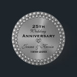 25th Wedding Anniversary Silver & Diamonds Button<br><div class="desc">Elegant 25th wedding anniversary design with an image of metallic silver texture with customisable text. Heart in heart diamond design accent with silver tones diamonds border.</div>