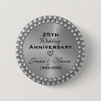 25th Wedding Anniversary Silver & Diamonds Button