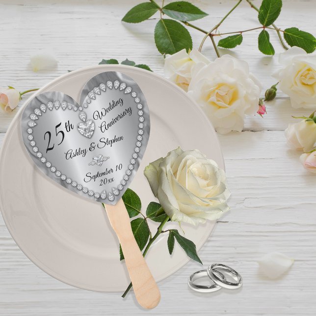 25th Wedding Anniversary Silver Diamonds Keepsake Hand Fan (25th Wedding Anniversary Silver Tone and Faux Diamonds Keepsake Hand Fan)