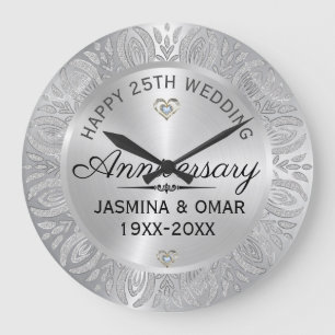 25th Wedding Anniversary Silver & Diamonds Large Clock