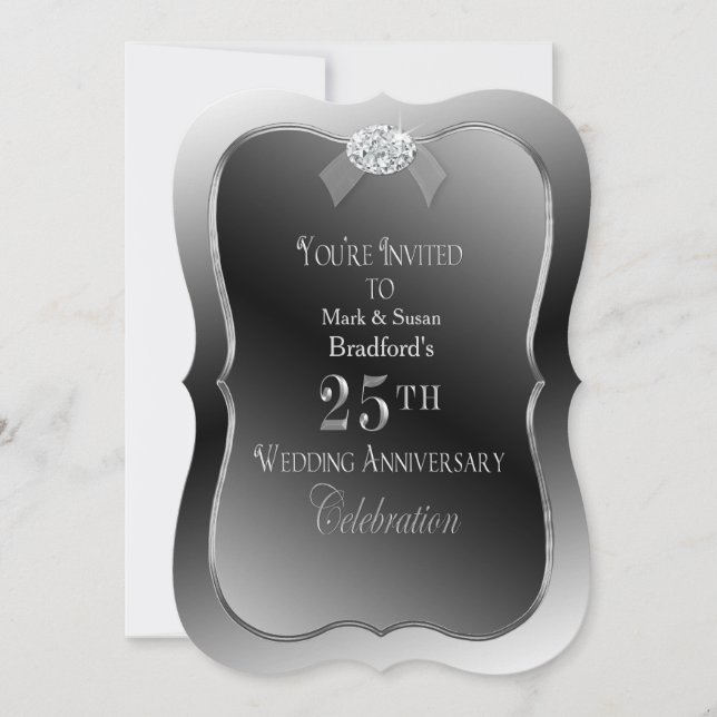 25th Wedding Anniversary - Silver Faux Diamond Invitation (Front)