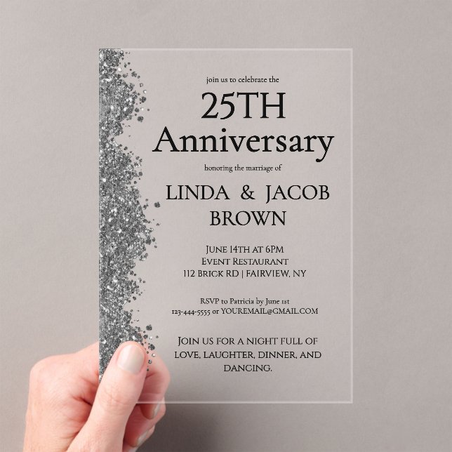 25th Wedding Anniversary Silver Faux Glitter  Acrylic Invitations (Insitu (Handheld))