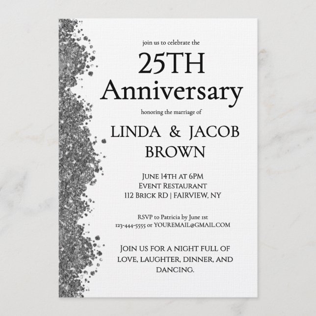 25th Wedding Anniversary Silver Faux Glitter  Invitation (Front)