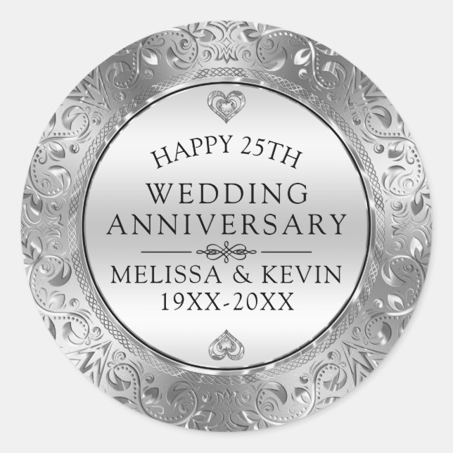 25th wedding anniversary Silver Floral Frame Classic Round Sticker (Front)