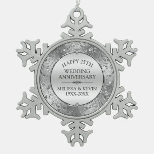 25th wedding anniversary Silver Floral Frame Snowflake Pewter Christmas Ornament