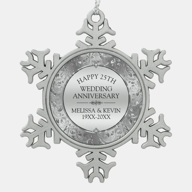 25th wedding anniversary Silver Floral Frame Snowflake Pewter Christmas Ornament (Front)