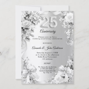 25th wedding anniversary silver florals bows photo invitation