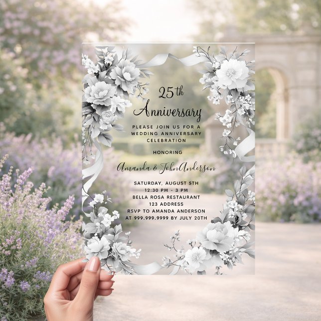 25th wedding anniversary silver florals frosted acrylic invitations (Creator Uploaded)