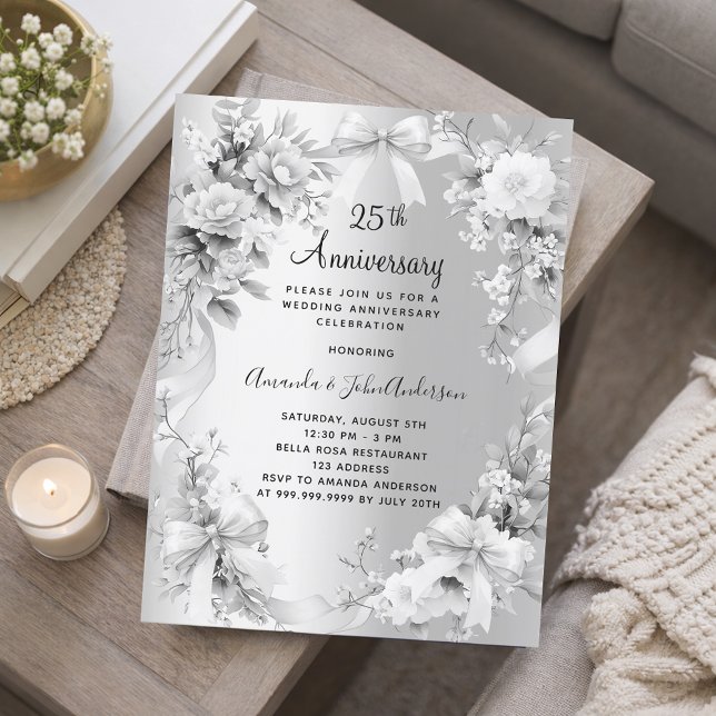 25th wedding anniversary silver florals invitation (Creator Uploaded)