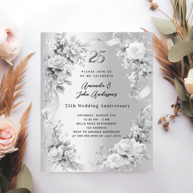 25th wedding anniversary silver florals invitation (Creator Uploaded)