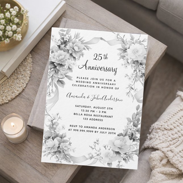 25th wedding anniversary silver florals luxury invitation (Creator Uploaded)