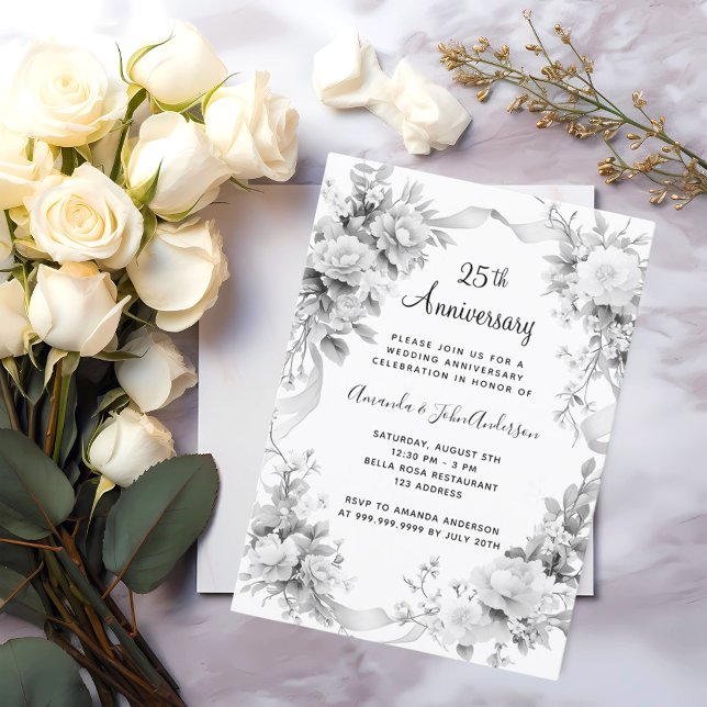 25th wedding anniversary silver florals luxury invitation (Creator Uploaded)