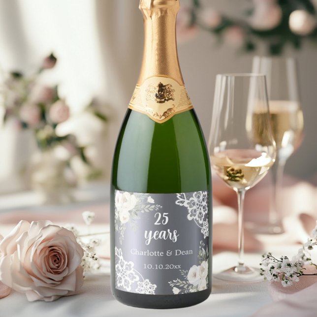25th wedding anniversary silver florals sparkling wine label (Creator Uploaded)