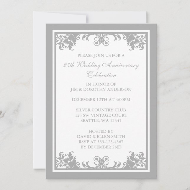 25th Wedding Anniversary Silver Flourish Scroll Invitation (Front)