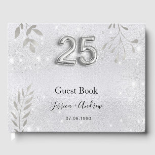 25th wedding anniversary silver foliage guest book