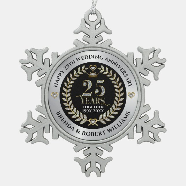 25th wedding anniversary silver glitter and gold snowflake pewter christmas ornament (Front)