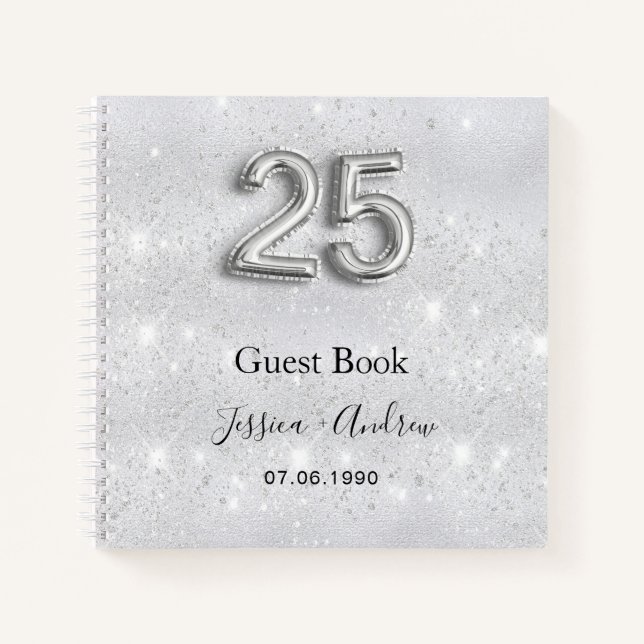 25th wedding anniversary silver glitter guest book (Front)