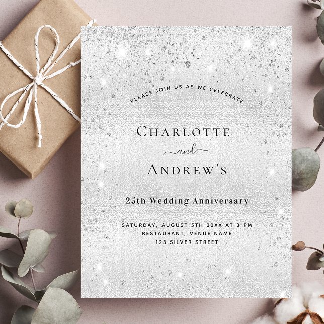 25th wedding anniversary silver glitter invitation (Creator Uploaded)