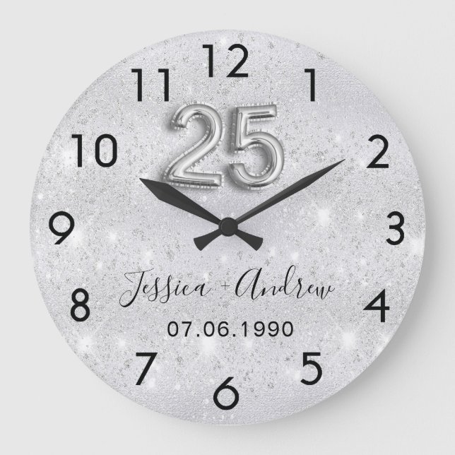 25th wedding anniversary silver glitter large clock (Front)