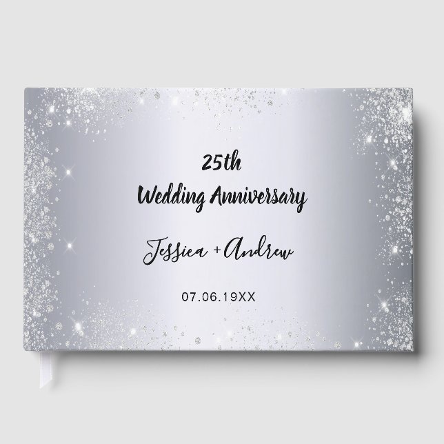 25th wedding anniversary silver glitter photo guest book (Front)